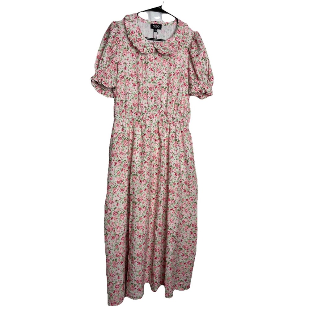 Gigi's Rose Pink Boho Floral Puff Ruffle sleeves midi dress Cottagecore Large